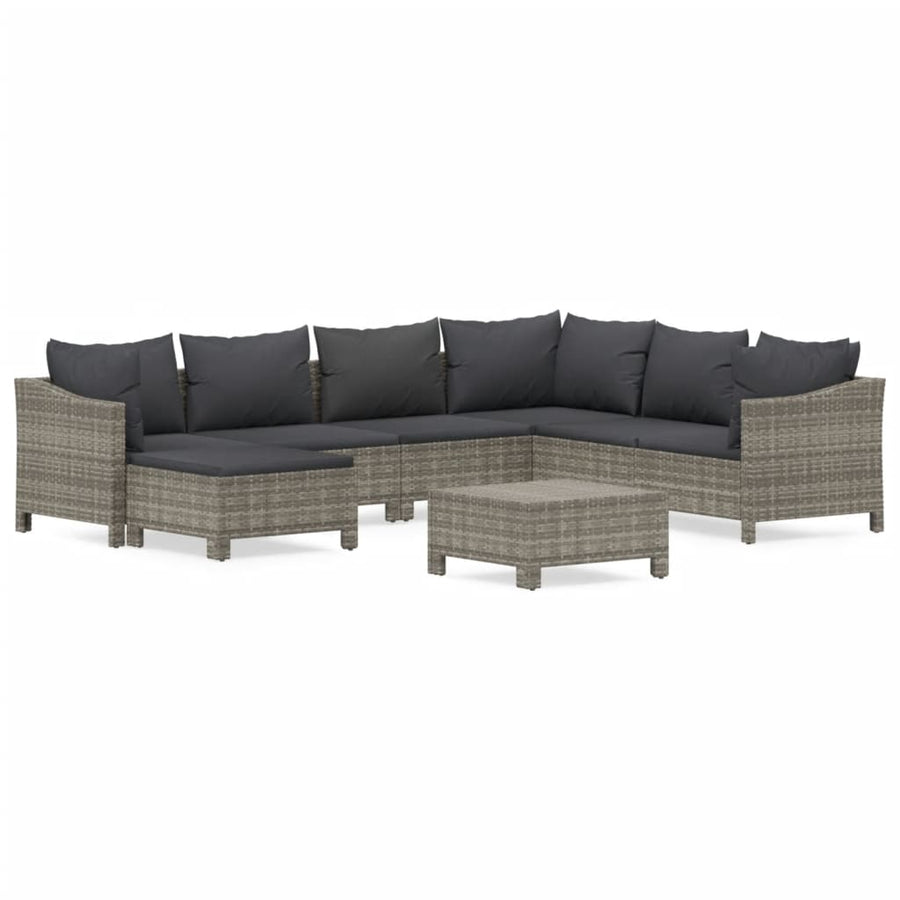 8-Delige Loungeset Met Kussens Poly Rattan Grijs 2x Fauteuil + hoek +3x midden + 2x voetensteun