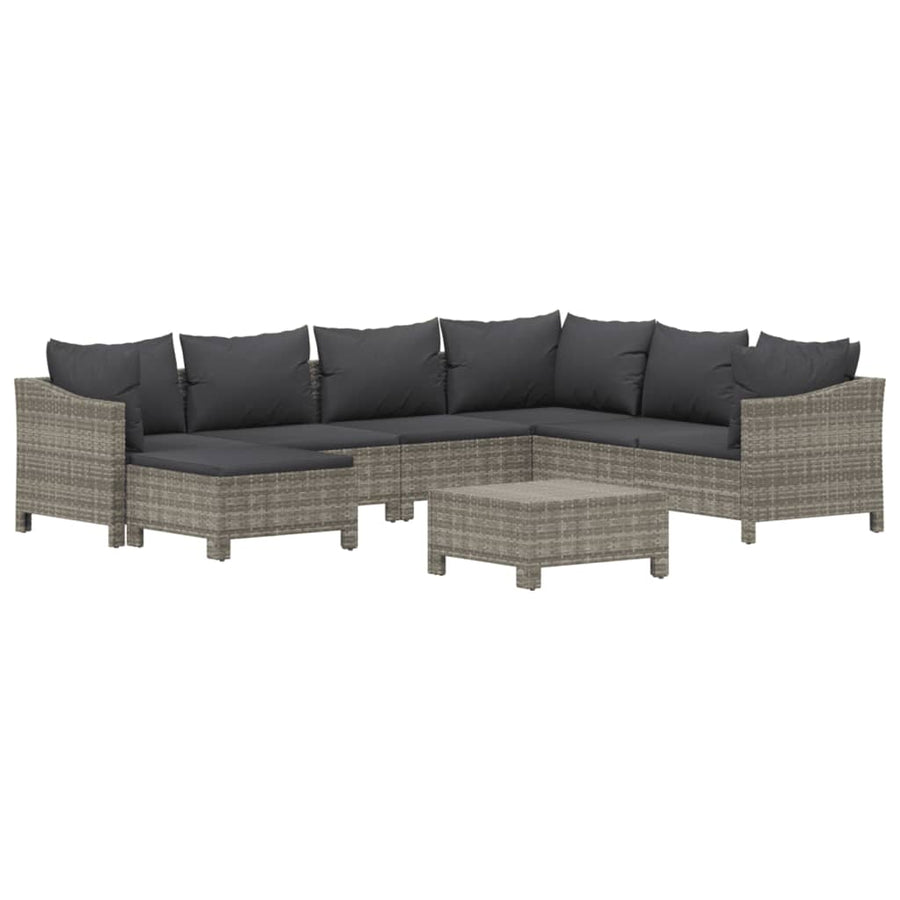 8-Delige Loungeset Met Kussens Poly Rattan Grijs 2x Fauteuil + hoek +3x midden + 2x voetensteun