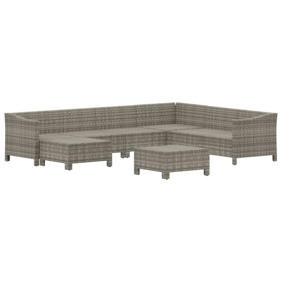 8-Delige Loungeset Met Kussens Poly Rattan Grijs 2x Fauteuil + hoek +3x midden + 2x voetensteun