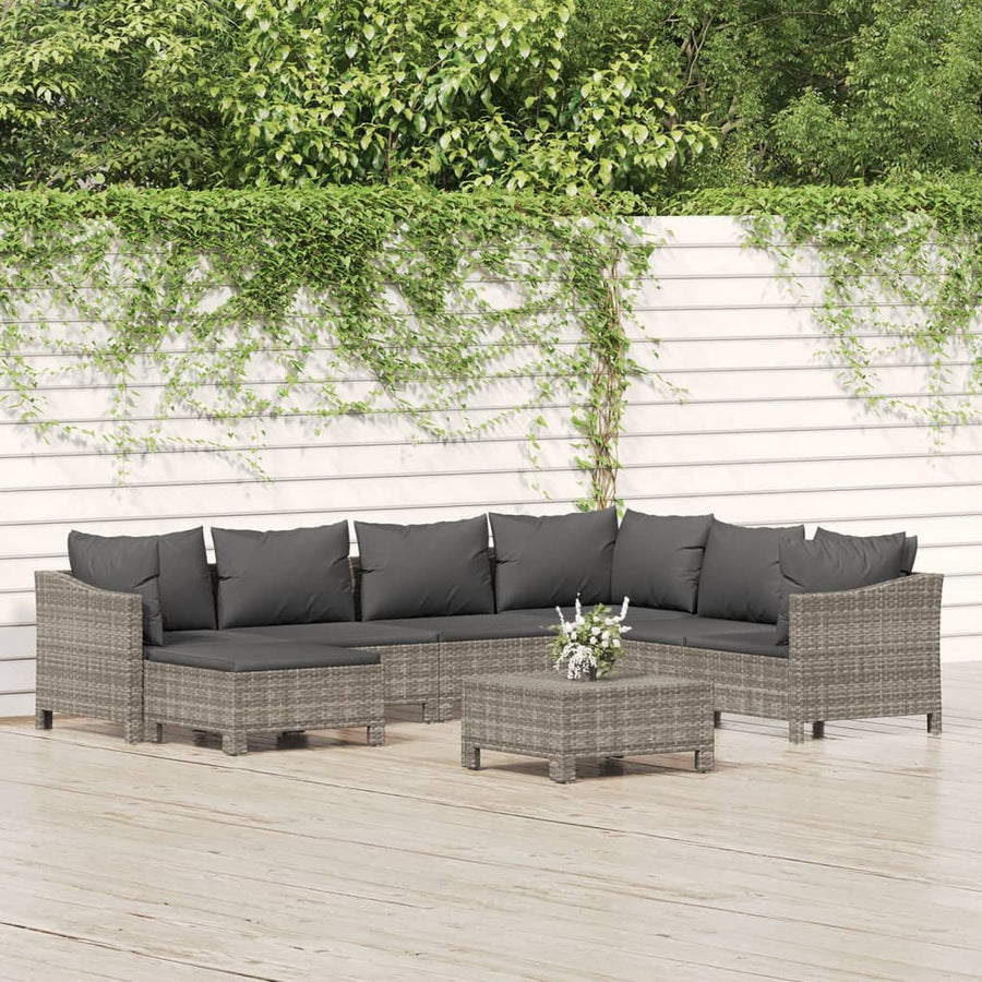 8-Delige Loungeset Met Kussens Poly Rattan Grijs 2x Fauteuil + hoek +3x midden + 2x voetensteun