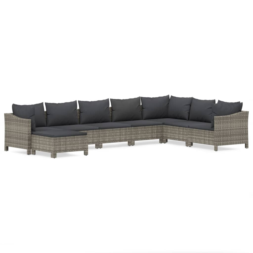 8-Delige Loungeset Met Kussens Poly Rattan Grijs 2x Fauteuil + hoek +4x midden + voetensteun