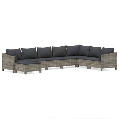8-Delige Loungeset Met Kussens Poly Rattan Grijs 2x Fauteuil + hoek +4x midden + voetensteun