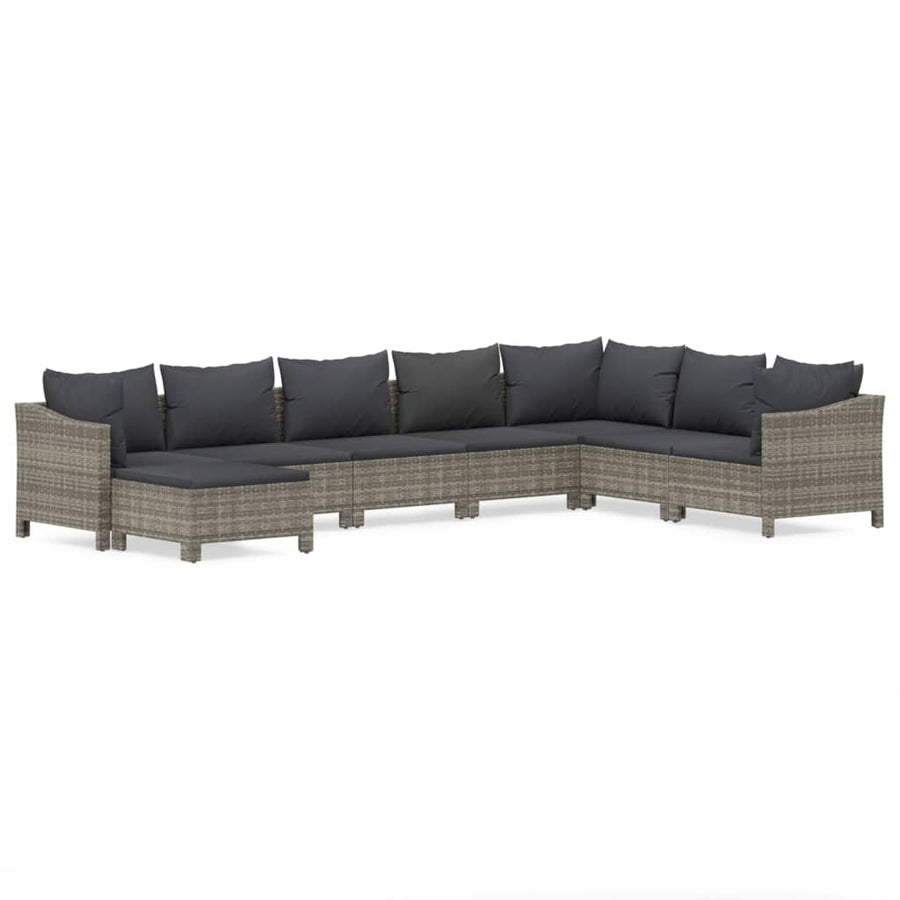 8-Delige Loungeset Met Kussens Poly Rattan Grijs 2x Fauteuil + hoek +4x midden + voetensteun
