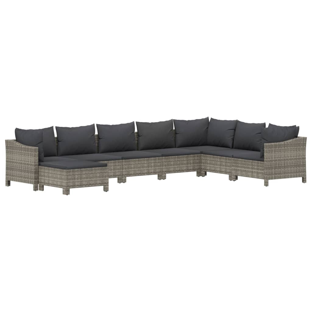 8-Delige Loungeset Met Kussens Poly Rattan Grijs 2x Fauteuil + hoek +4x midden + voetensteun