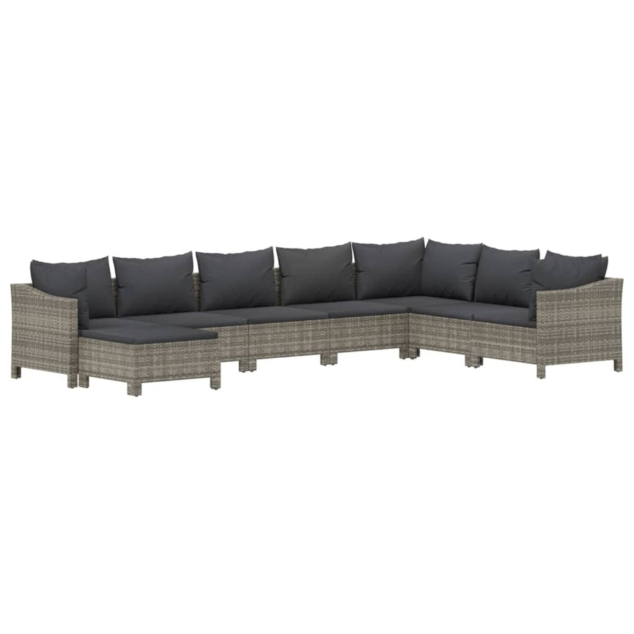 8-Delige Loungeset Met Kussens Poly Rattan Grijs 2x Fauteuil + hoek +4x midden + voetensteun