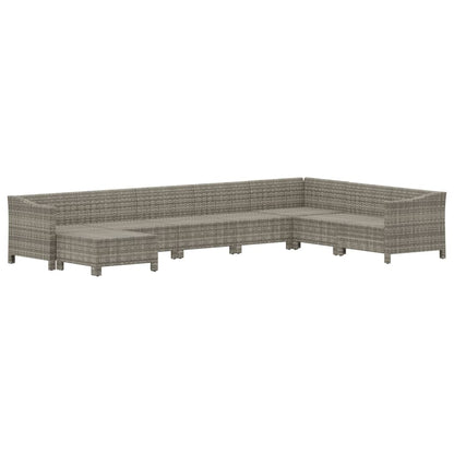 8-Delige Loungeset Met Kussens Poly Rattan Grijs 2x Fauteuil + hoek +4x midden + voetensteun