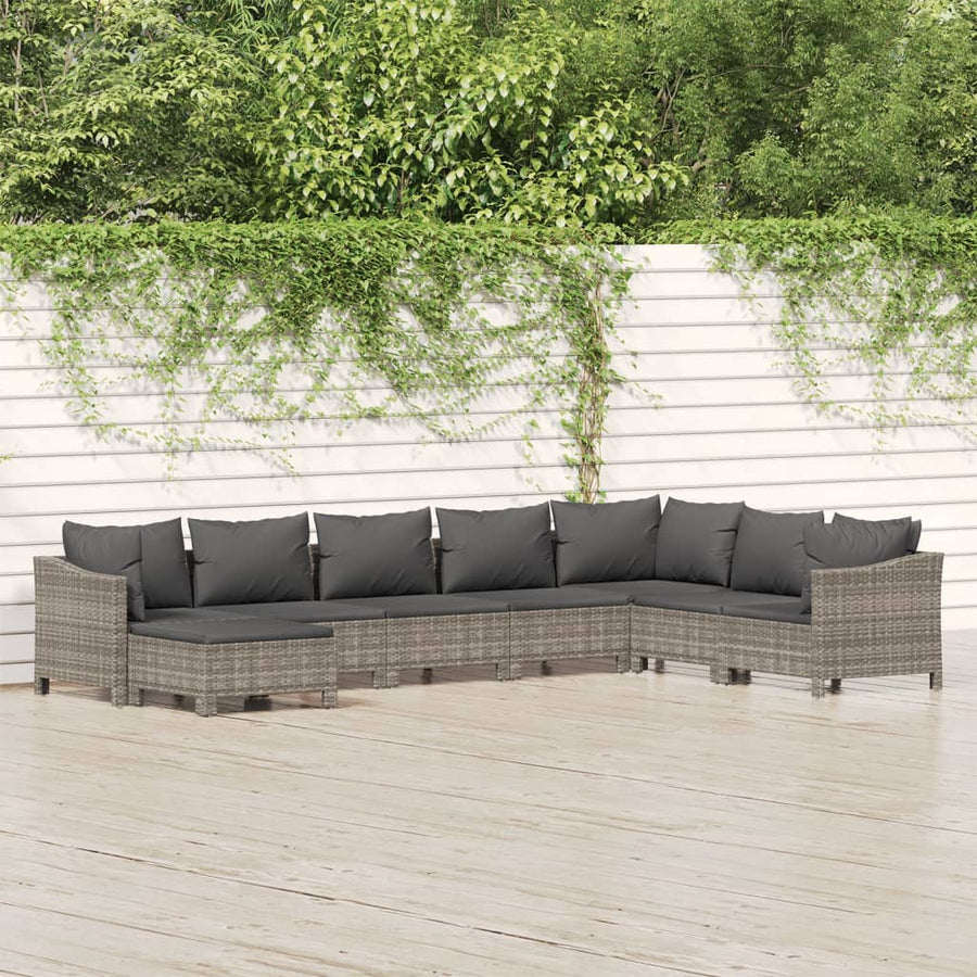 8-Delige Loungeset Met Kussens Poly Rattan Grijs 2x Fauteuil + hoek +4x midden + voetensteun