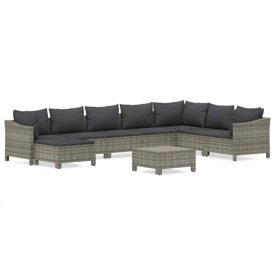 9-Delige Loungeset Met Kussens Poly Rattan Grijs 2x Fauteuil + hoek +4x midden + 2x voetensteun