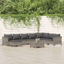 9-Delige Loungeset Met Kussens Poly Rattan Grijs 2x Fauteuil + hoek +4x midden + 2x voetensteun