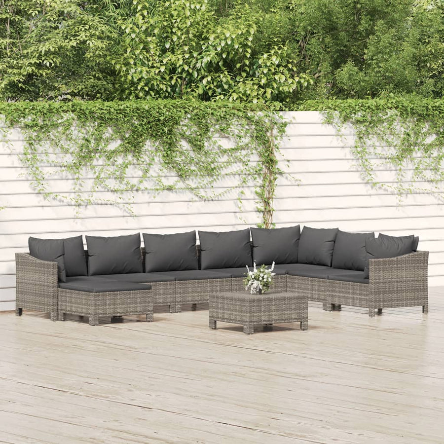 9-Delige Loungeset Met Kussens Poly Rattan Grijs 2x Fauteuil + hoek +4x midden + 2x voetensteun