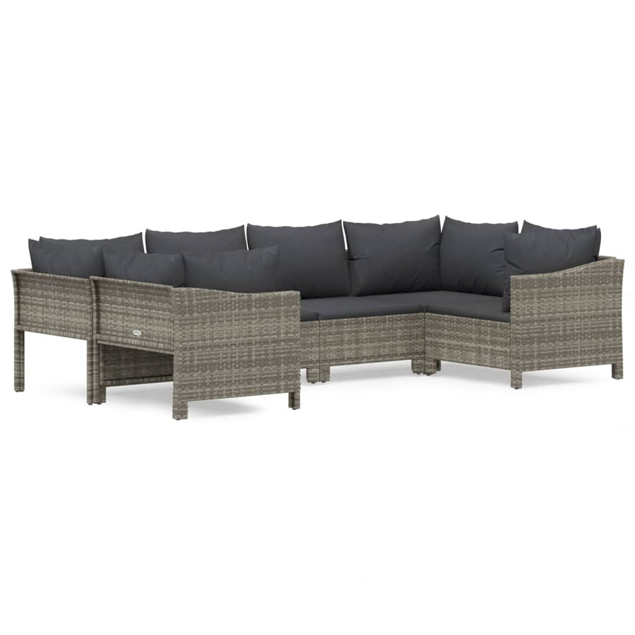 6-Delige Loungeset Met Kussens Poly Rattan Grijs 2x corner + 2x middle + 2x armchair