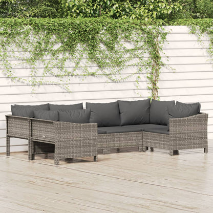 6-Delige Loungeset Met Kussens Poly Rattan Grijs 2x corner + 2x middle + 2x armchair