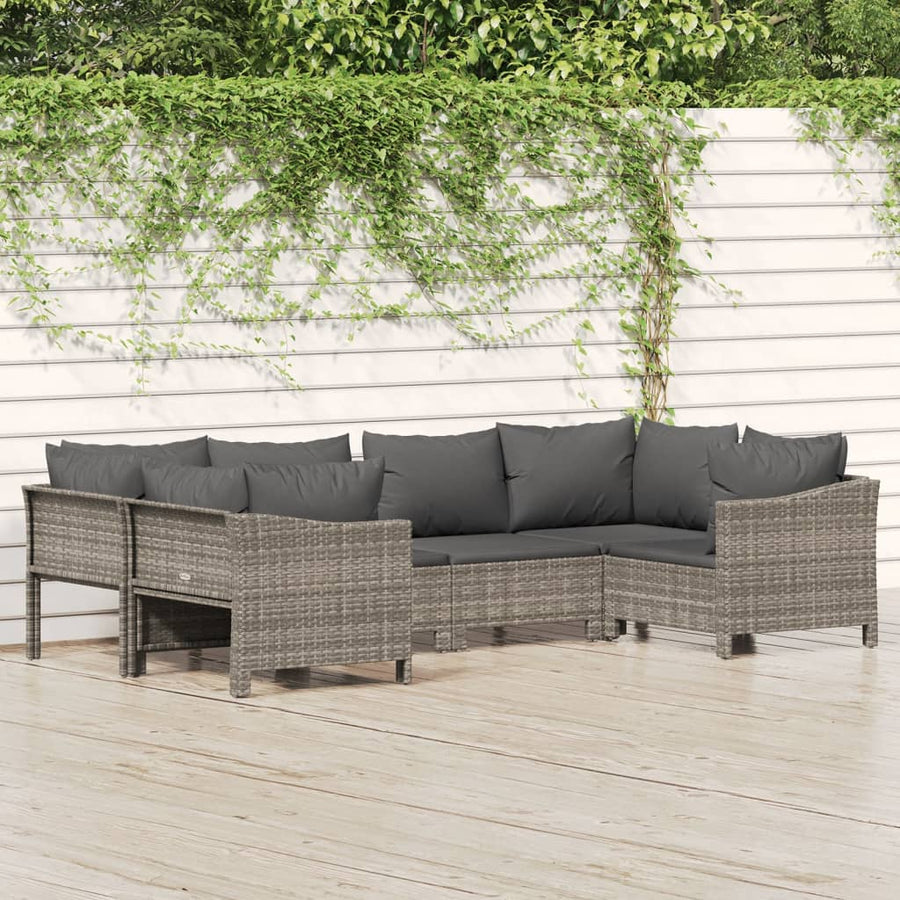 6-Delige Loungeset Met Kussens Poly Rattan Grijs 2x corner + 2x middle + 2x armchair