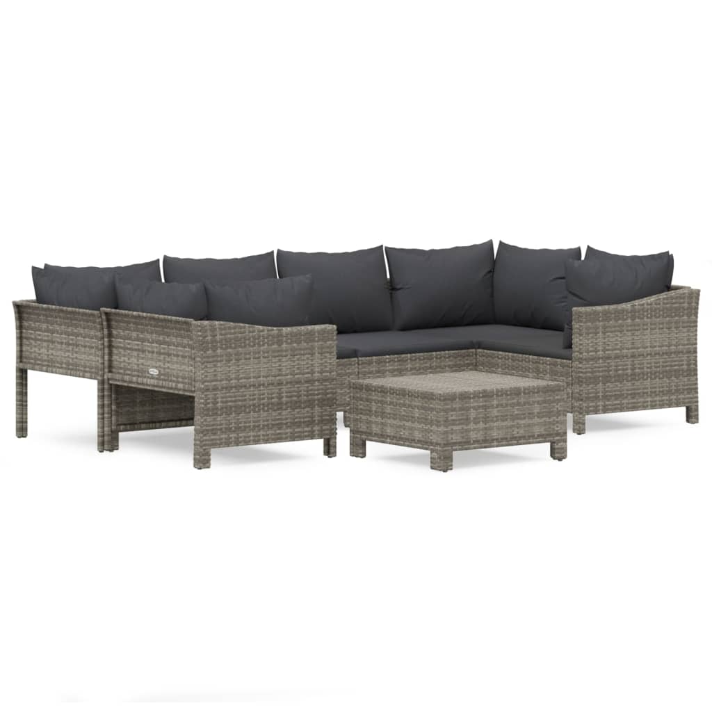 7-Delige Loungeset Met Kussens Poly Rattan Grijs 2x corner + 2x middle + 2x armchair + footrest