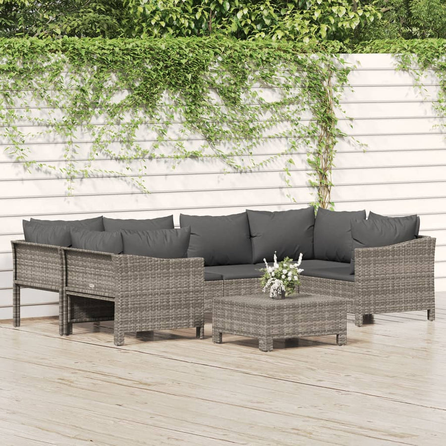 7-Delige Loungeset Met Kussens Poly Rattan Grijs 2x corner + 2x middle + 2x armchair + footrest