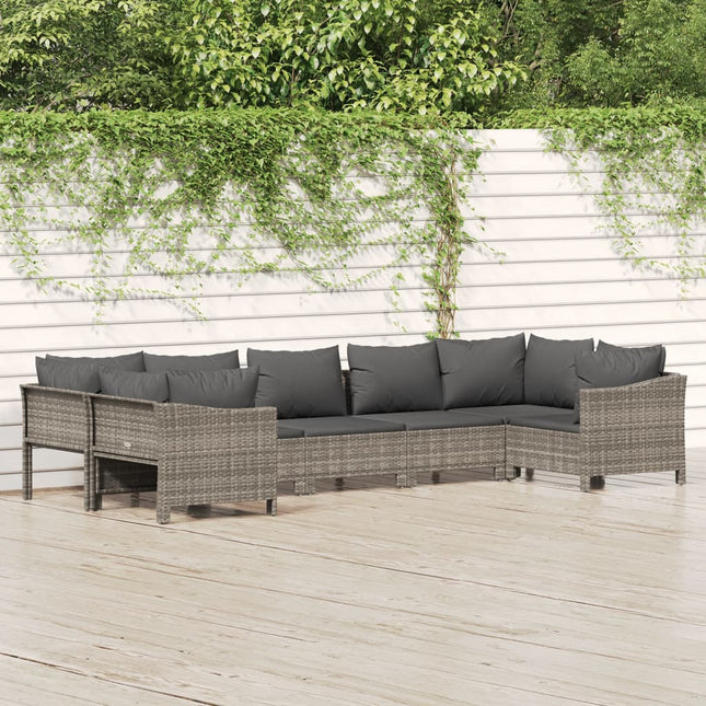 7-Delige Loungeset Met Kussens Poly Rattan Grijs 2x corner + 3x middle + 2x armchair