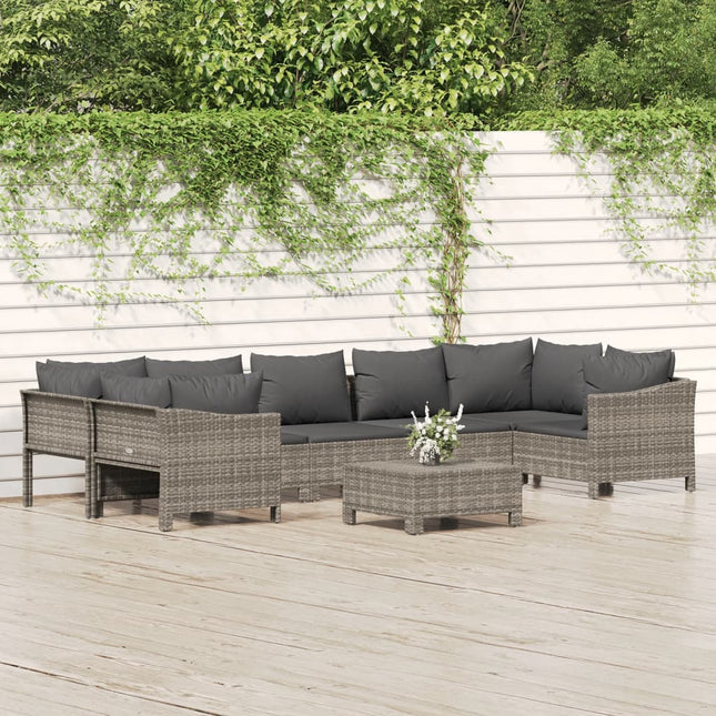 8-Delige Loungeset Met Kussens Poly Rattan Grijs 2x corner + 3x middle + 2x armchair + footrest