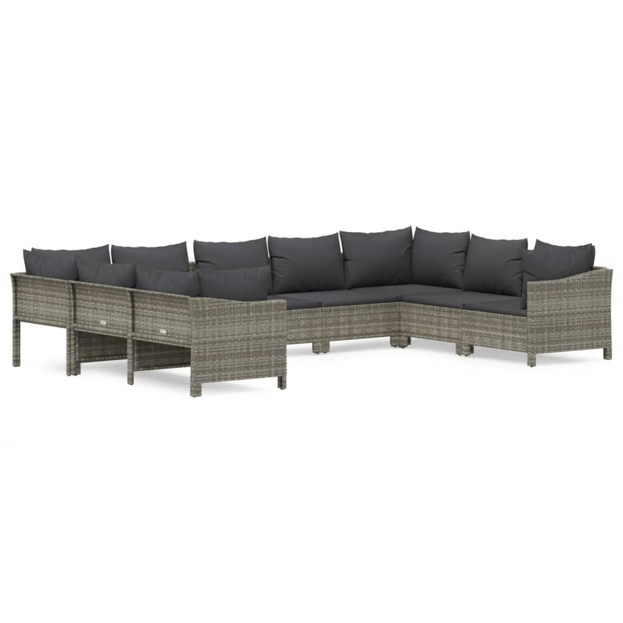 9-Delige Loungeset Met Kussens Poly Rattan Grijs 2x corner + 5x middle + 2x armchair