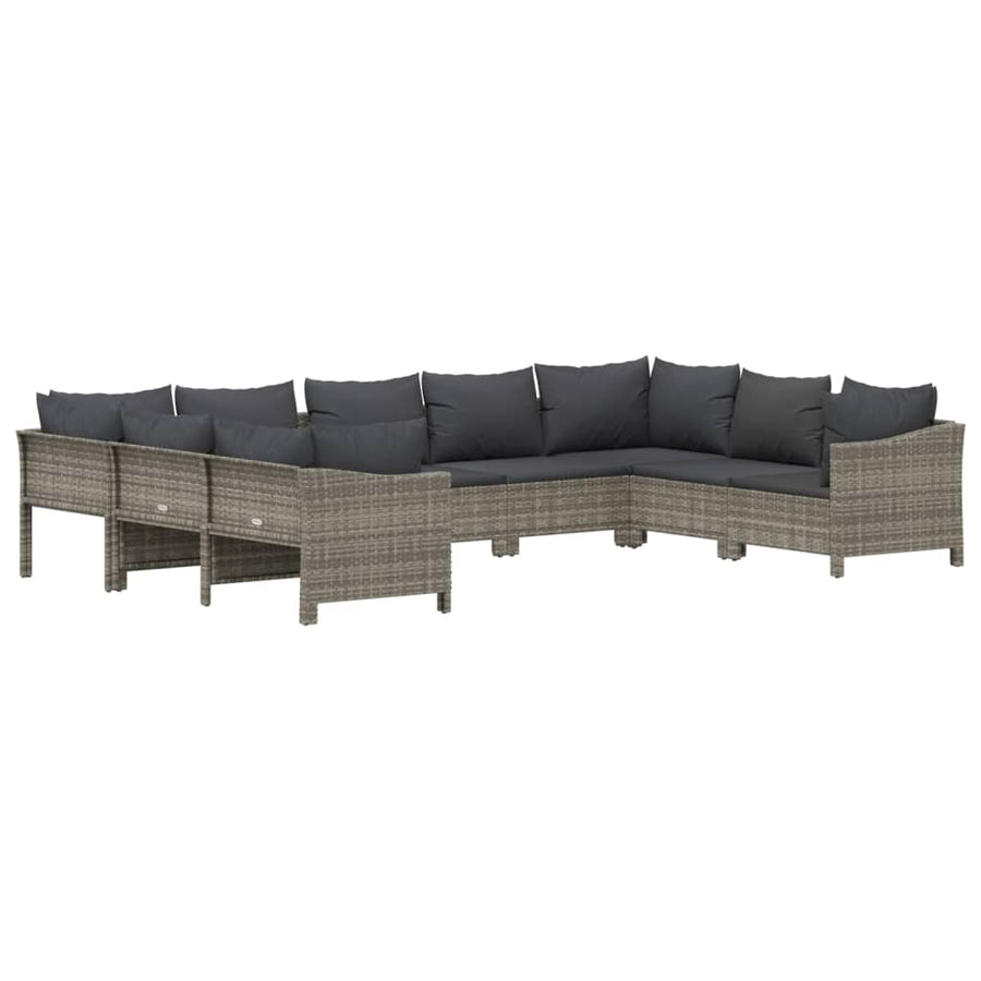 9-Delige Loungeset Met Kussens Poly Rattan Grijs 2x corner + 5x middle + 2x armchair