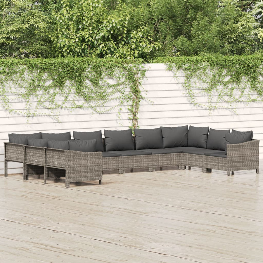 0-Delige Loungeset Met Kussens Poly Rattan Grijs 2x corner + 6x middle + 2x armchair