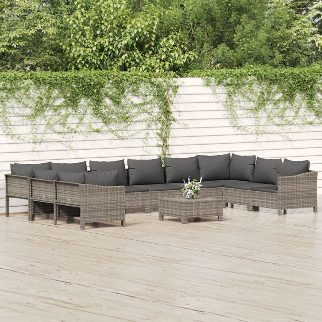 -Delige Loungeset Met Kussens Poly Rattan Grijs 2x corner + 6x middle + 2x armchair + footrest