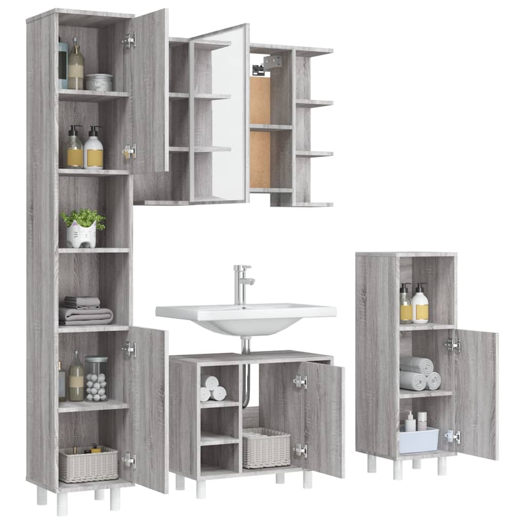 4-delige Badkamermeubelset bewerkt hout grijs sonoma eikenkleur