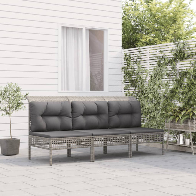 3-Delige Loungeset Met Kussens Poly Rattan Grijs Middenbank (3 st)