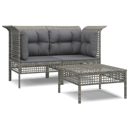 3-Delige Loungeset Met Kussens Poly Rattan Grijs 2x corner + footrest