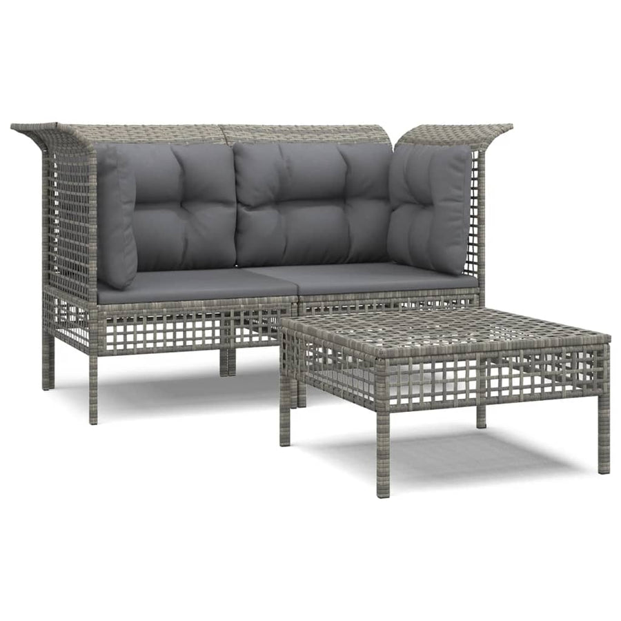 3-Delige Loungeset Met Kussens Poly Rattan Grijs 2x corner + footrest