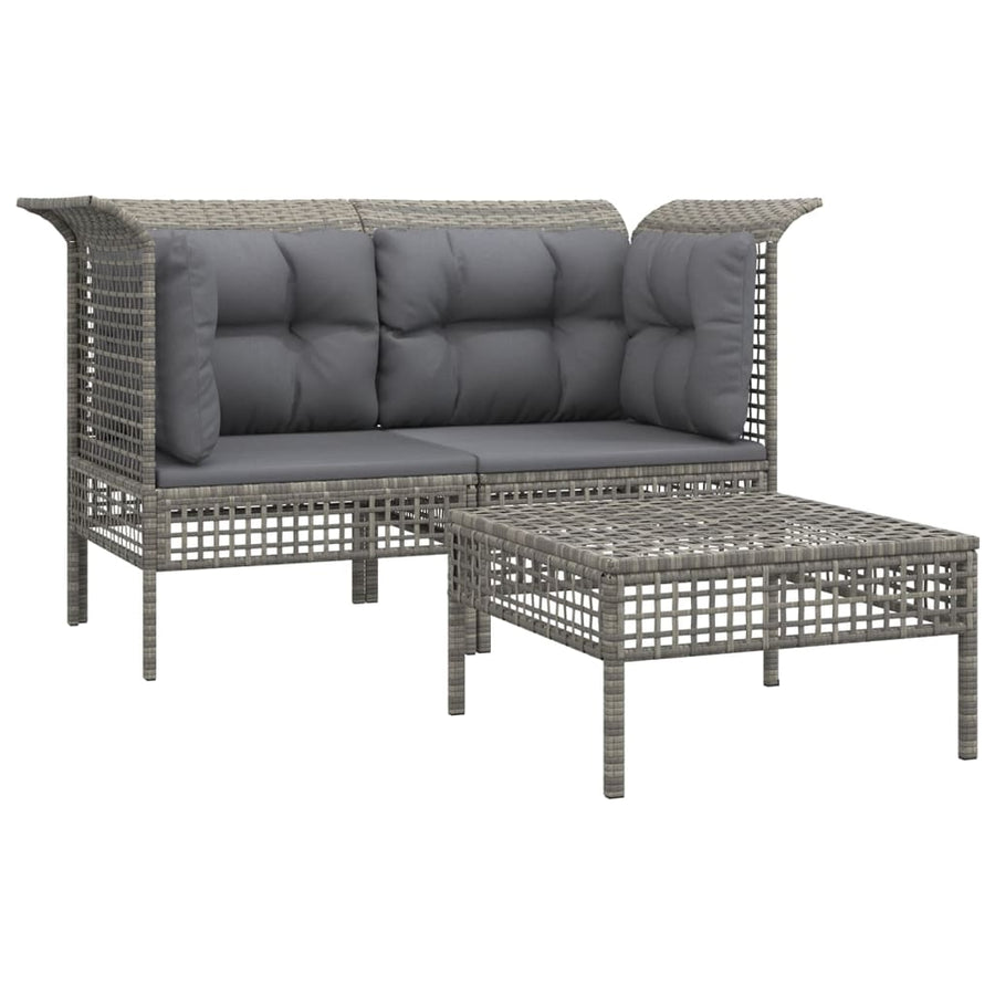 3-Delige Loungeset Met Kussens Poly Rattan Grijs 2x corner + footrest