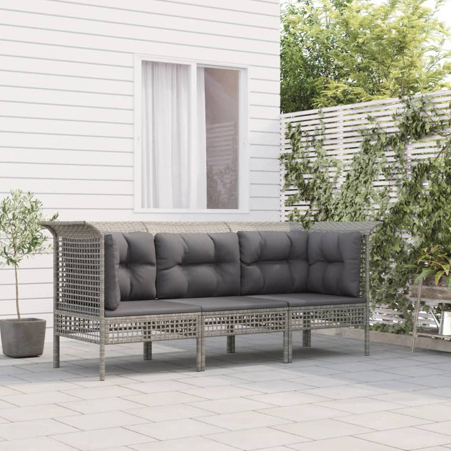 3-Delige Loungeset Met Kussens Poly Rattan Grijs 2x hoek + midden