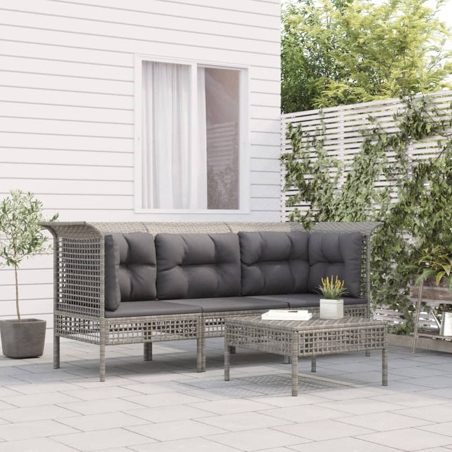 4-Delige Loungeset Met Kussens Poly Rattan Grijs 2x hoek + midden + voetensteun