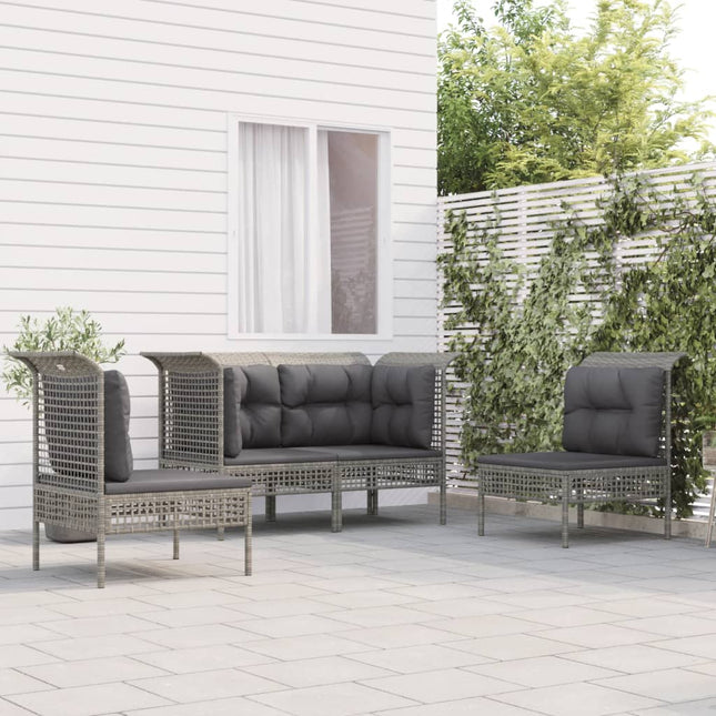 4-Delige Loungeset Met Kussens Poly Rattan Grijs 2x hoek + 2x midden