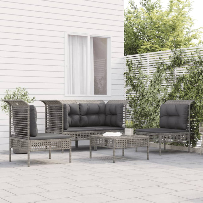 5-Delige Loungeset Met Kussens Poly Rattan Grijs 2x hoek + 2x midden + voetensteun