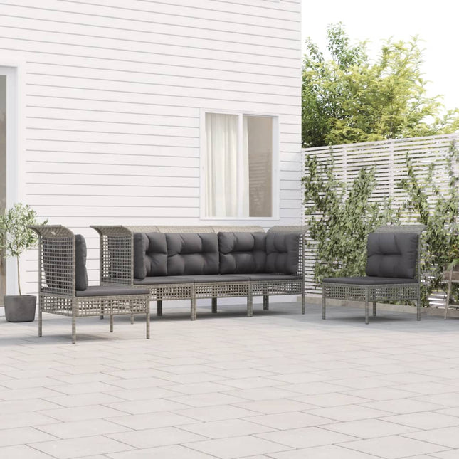 5-Delige Loungeset Met Kussens Poly Rattan Grijs 2x hoek + 3x midden