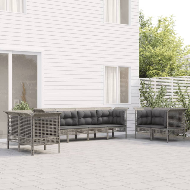 8-Delige Loungeset Met Kussens Poly Rattan Grijs 6x hoek + 2x midden