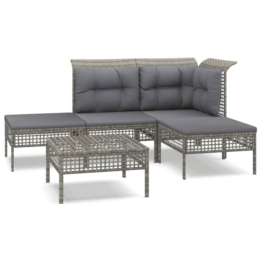 5-Delige Loungeset Met Kussens Poly Rattan Grijs hoek + midden + 3x voetensteun