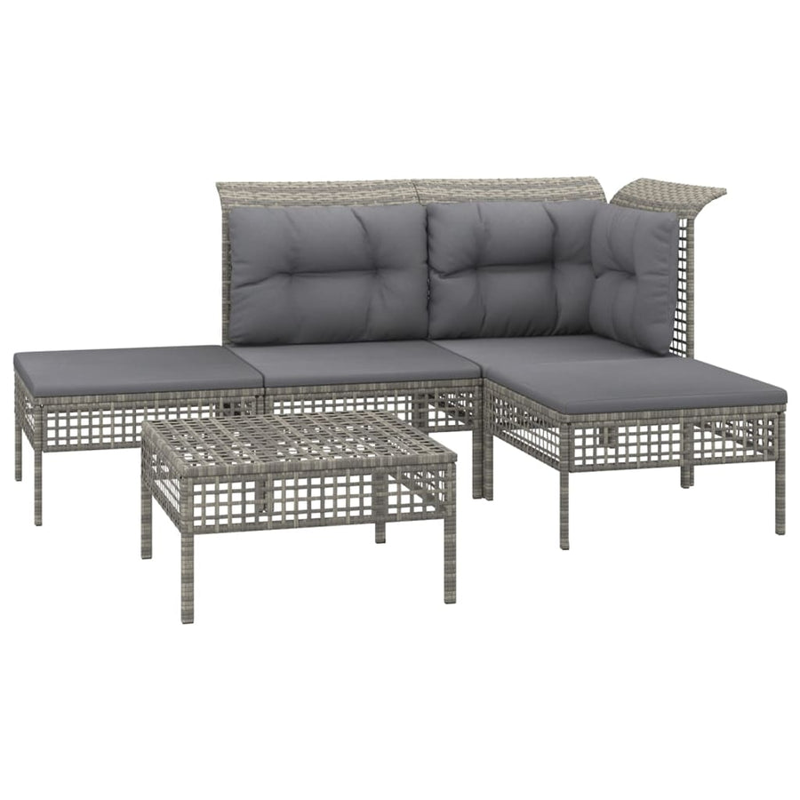 5-Delige Loungeset Met Kussens Poly Rattan Grijs hoek + midden + 3x voetensteun