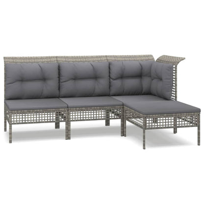 4-Delige Loungeset Met Kussens Poly Rattan Grijs hoek + 2x midden + voetensteun
