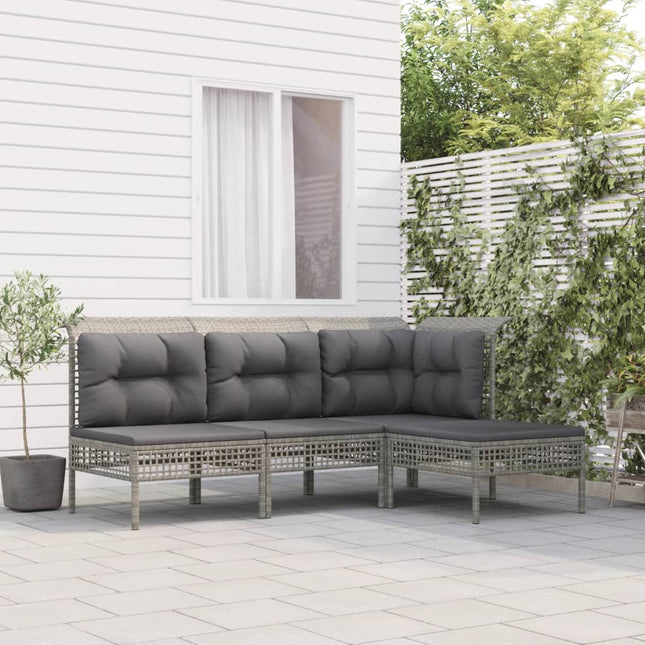 4-Delige Loungeset Met Kussens Poly Rattan Grijs hoek + 2x midden + voetensteun