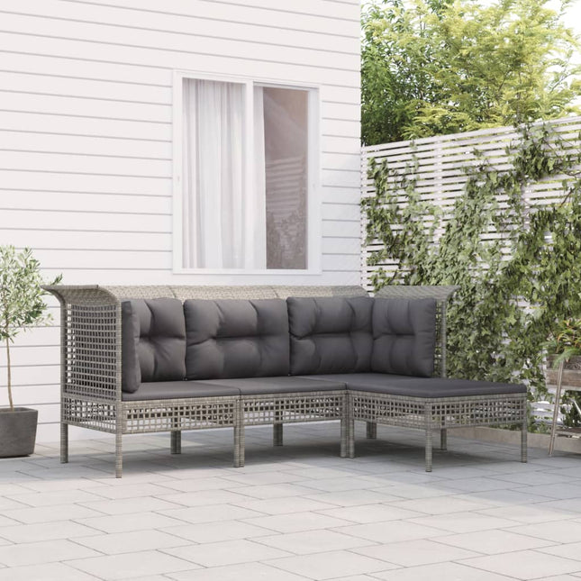 4-Delige Loungeset Met Kussens Poly Rattan Grijs 2x hoek + midden + voetensteun