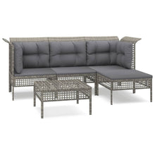 5-Delige Loungeset Met Kussens Poly Rattan Grijs 2x hoek + midden + 2x voetensteun