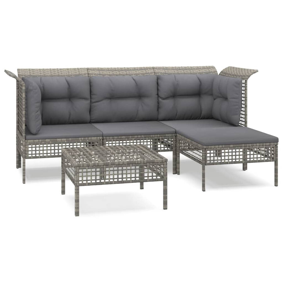 5-Delige Loungeset Met Kussens Poly Rattan Grijs 2x hoek + midden + 2x voetensteun