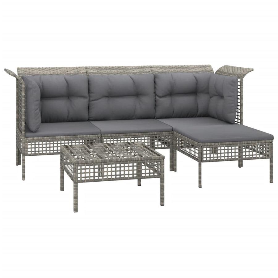 5-Delige Loungeset Met Kussens Poly Rattan Grijs 2x hoek + midden + 2x voetensteun