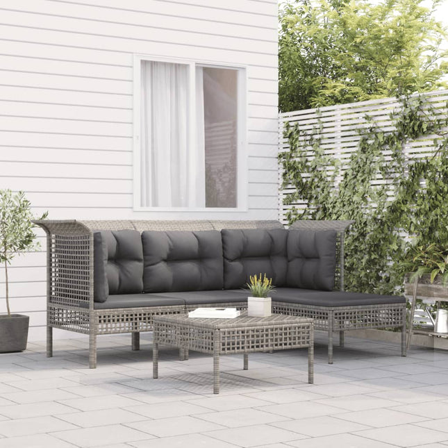 5-Delige Loungeset Met Kussens Poly Rattan Grijs 2x hoek + midden + 2x voetensteun