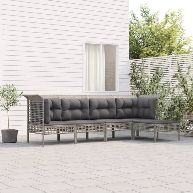 5-Delige Loungeset Met Kussens Poly Rattan Grijs 2x hoek + 2x midden + voetensteun