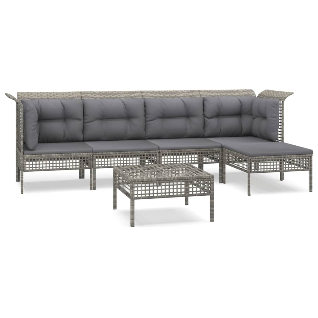 6-Delige Loungeset Met Kussens Poly Rattan Grijs 2x hoek + 2x midden + 2x voetensteun