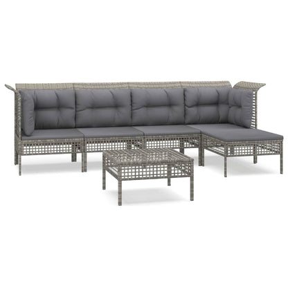 6-Delige Loungeset Met Kussens Poly Rattan Grijs 2x hoek + 2x midden + 2x voetensteun