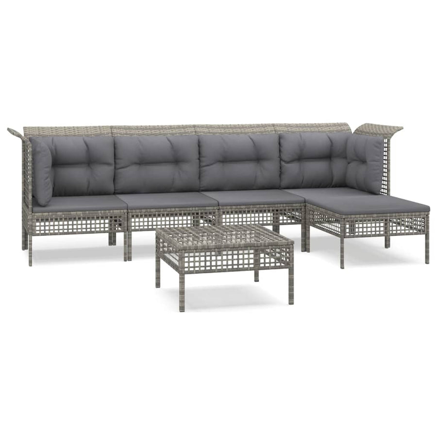 6-Delige Loungeset Met Kussens Poly Rattan Grijs 2x hoek + 2x midden + 2x voetensteun