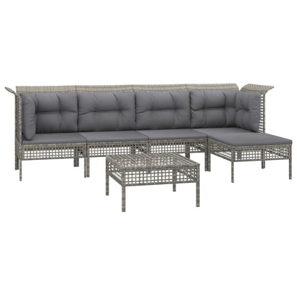 6-Delige Loungeset Met Kussens Poly Rattan Grijs 2x hoek + 2x midden + 2x voetensteun